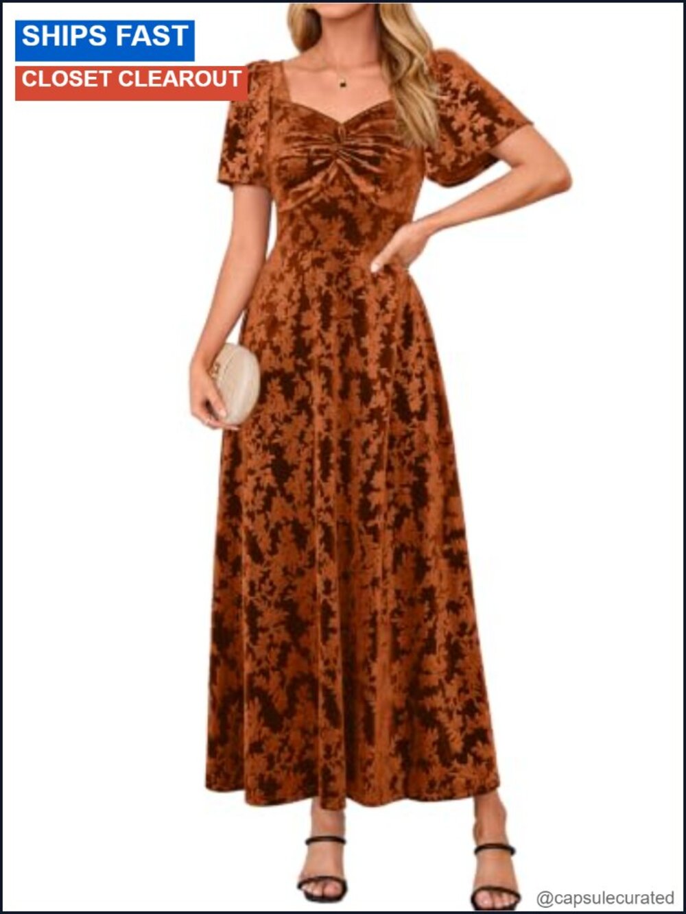 Womens Velvet Twist Front A-Line Maxi Dress with Smocked Back and Pockets
